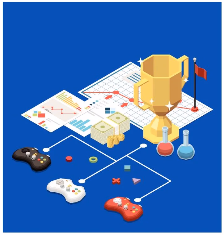 Ilustración isométrica de mecánicas de juego: trofeo, mandos, banderas y tableros