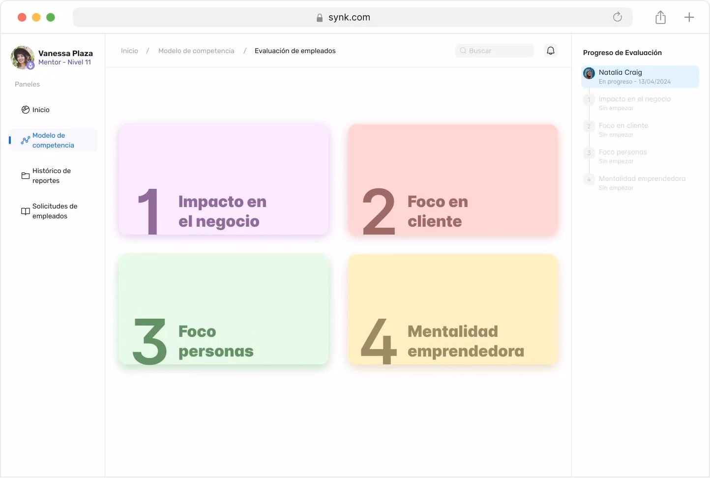 Plataforma web: los cuatro módulos de evaluación con la información individual