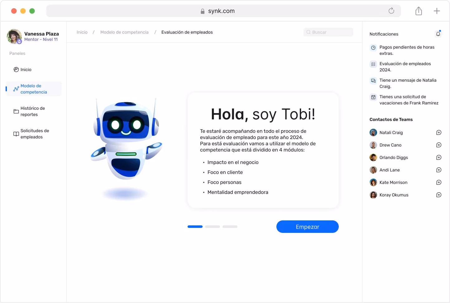 Plataforma web: bienvenida del asistente virtual Tobi, que explica los cuatro módulos de la evaluación