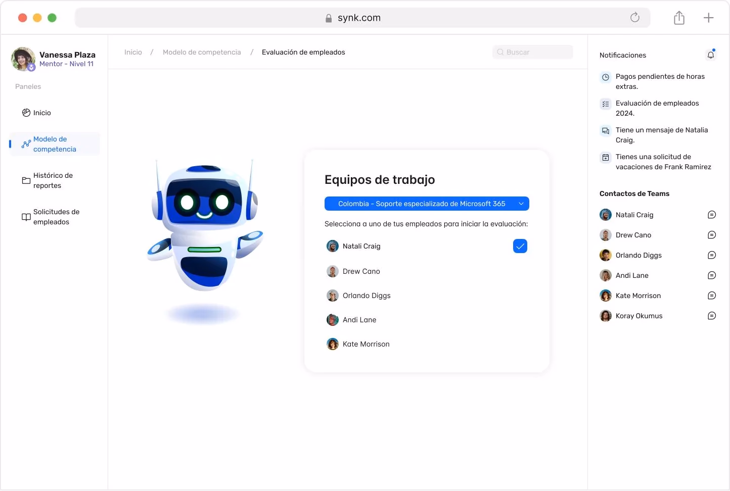 Plataforma web: selección de equipo y empleados